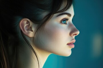 Fototapeta premium A close-up shot of a woman's face featuring bright blue eyes