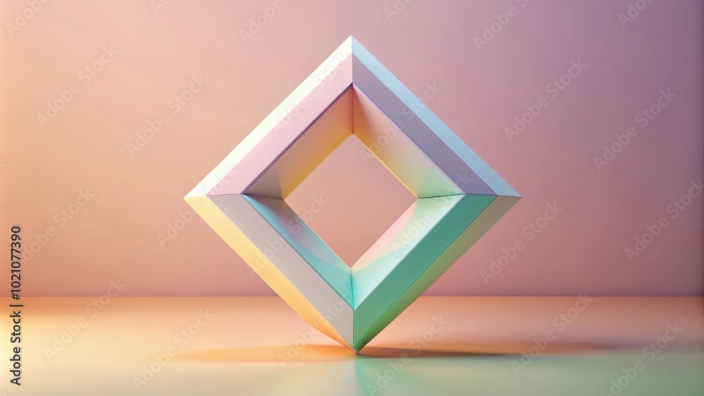 Poster a holographic square frame floating above a soft pastel colored background.