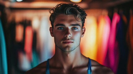 Obraz premium A person posing in front of a collection of surfboards, suitable for advertising water sports or beach lifestyle