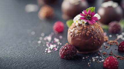 Obraz premium A decadent chocolate dessert elegantly presented on a slate surface, adorned with delicate flowers and berries, exemplifying gourmet sophistication and indulgence.