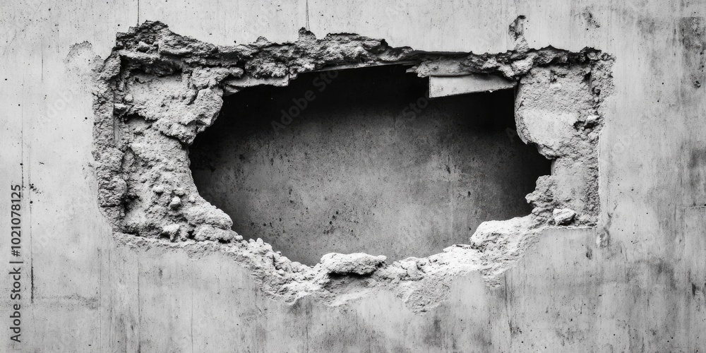 Poster a black and white photo of a hole in a concrete wall, perfect for use as an abstract or minimalist d