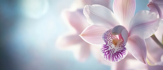 Fototapeta premium Delicate white orchid with pink accents in soft natural light, creating an elegant and serene atmosphere.