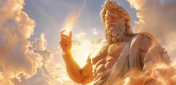 Majestic statue of Greek god Zeus holding lightning bolt amidst glowing clouds. - Powered by Adobe