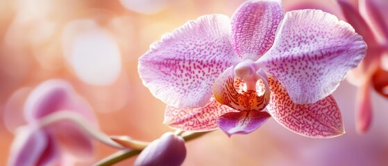 Close-up of a vibrant pink orchid in soft focus, surrounded by blurred background hues of pink and orange.