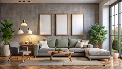 Modern living room interior design with gray sofa, wooden coffee table, potted plants, and three framed artwork on concrete wall
