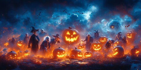 A spooky Halloween scene with glowing pumpkins and creepy figures.