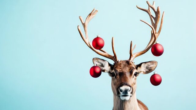 A reindeer displays its antlers adorned with bright red ornaments, capturing the spirit of the holiday season on blue backdrop with empty space