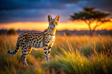 Experience the allure of Tsavo Park at dusk, where low-light photography reveals the captivating presence of servals in their natural habitat,