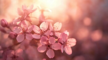 Fototapeta premium Soft pink cherry blossoms bathed in warm sunlight create a serene and tranquil atmosphere.