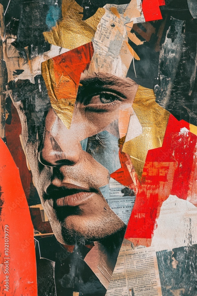 Poster a person's face covered in ripped documents, a symbol of chaos and disarray