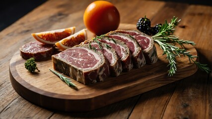 appetizing terrine charcuterie on wooden plate flat lay aesthetic setup for ads