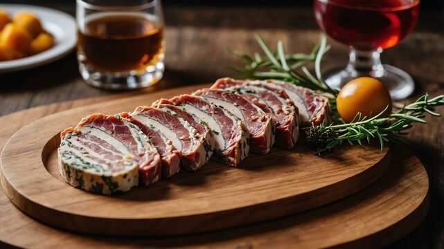 appetizing terrine charcuterie on wooden plate flat lay aesthetic setup for ads