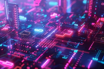 Obraz premium A vibrant digital circuit board illuminated by bright blue and red lights showcasing technology and innovation in a dark setting