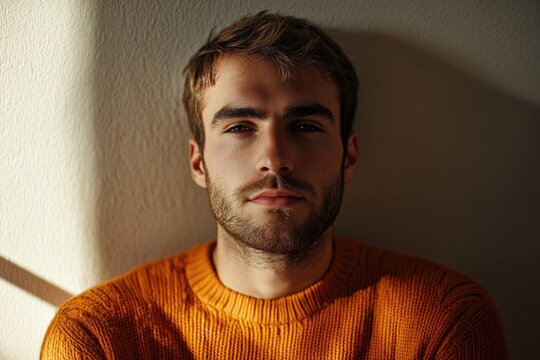 A person wearing an orange sweater leans against a wall, with a calm and relaxed expression