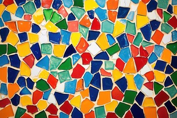 Buntes Mosaik Muster Lebendige Farben Unregelm&auml;&szlig;ige Formen Kunstvolle Anordnung Mediterraner Stil Kreative Dekoration Verspieltes Design Wandkunst Abstraktes Kunstwerk Farbenfrohes Muster Innenarchite