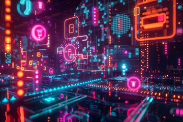 Obraz premium A vibrant digital circuit board illuminated by bright blue and red lights showcasing technology and innovation in a dark setting