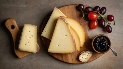 appetizing gouda hard cheese charcuterie on wooden plate flat lay aesthetic setup for ads