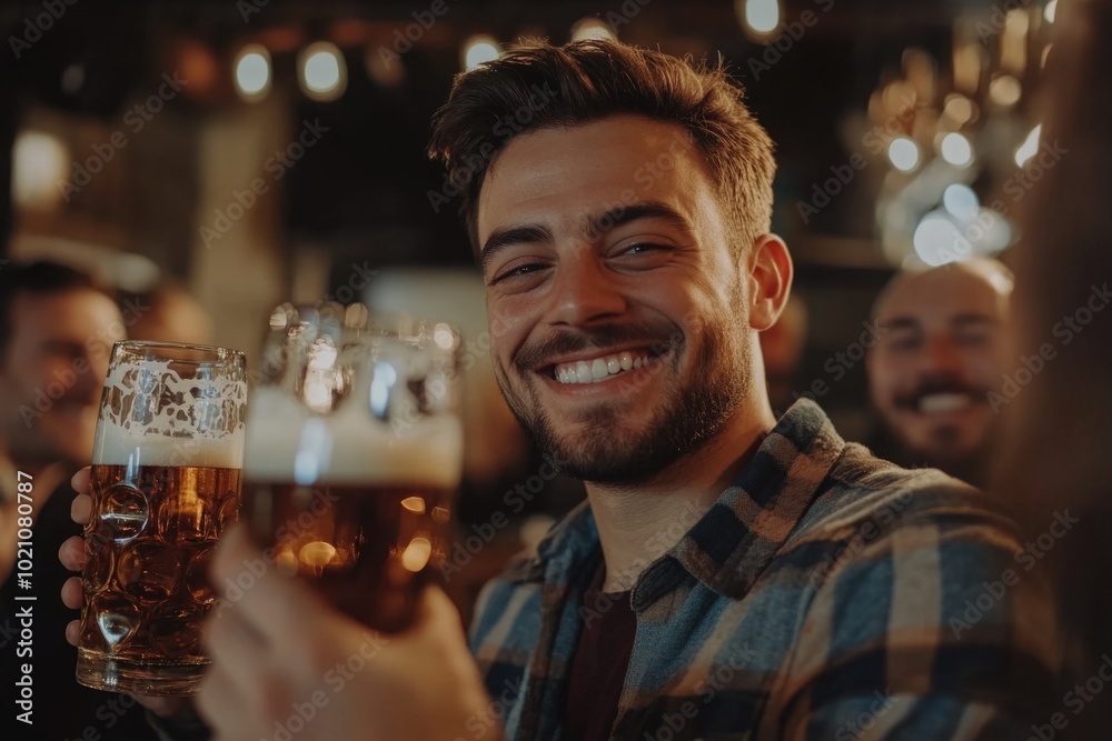 Poster a man holds a glass of beer in a bar setting