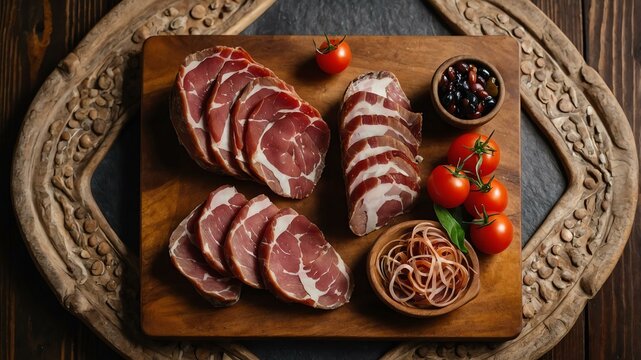 appetizing capicola charcuterie on wooden plate flat lay aesthetic setup for ads