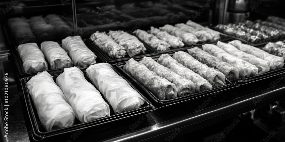 Poster A display case filled with trays of various food items