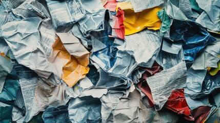 A close-up shot of a stack of newspapers with torn edges and creased pages