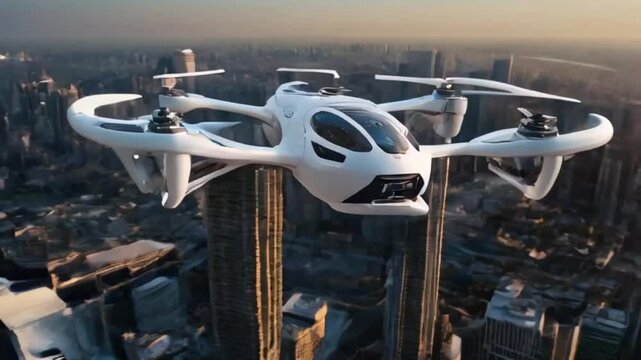futuristic manned roto passenger drone flying in the sky over modern city for future air transportation and robotaxi video
