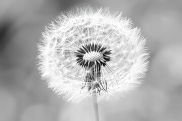 A single dandelion in a black and white photograph
