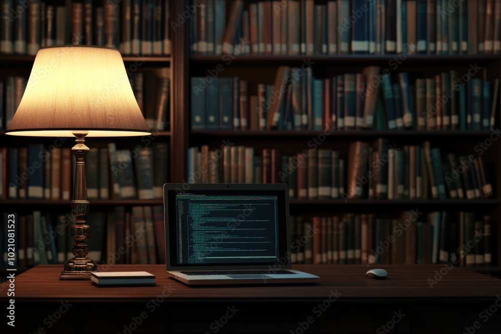 Poster a laptop computer sits on top of a wooden desk, ready for use