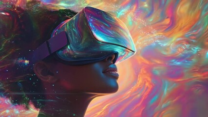 Black woman explores immersive virtual reality surrounded by colorful swirling patterns and dynamic visual effects, showcasing creativity