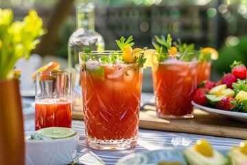 Fototapeta premium A festive Caesar cocktail party with various garnishes on a sunny patio
