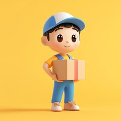 A cheerful cartoon boy holding a package, set against a bright yellow background.