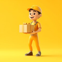 A cheerful delivery person in a yellow uniform holding a gift box against a bright yellow background.