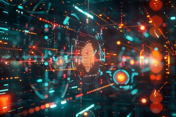 Obraz premium A vibrant digital circuit board illuminated by bright blue and red lights showcasing technology and innovation in a dark setting