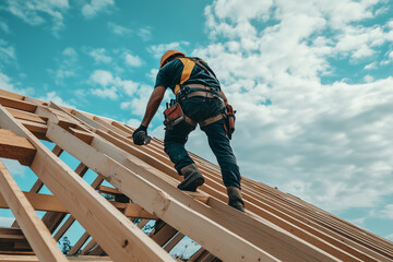 Roofer Carpenter Working on Roof Structure at Construction Site Residential Roofing Building Process
