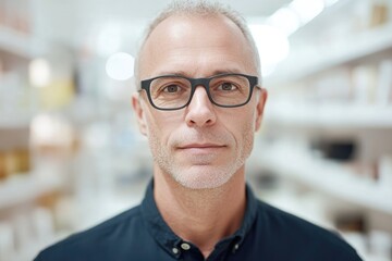 Fototapeta premium A man wearing glasses stands inside a store, possibly waiting or shopping