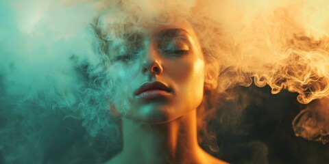 Fototapeta premium A woman amidst swirling smoke with vibrant colorful lighting.