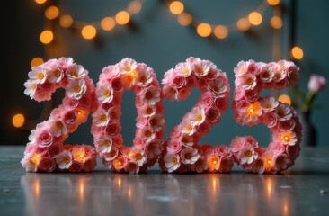 Christmas greeting card, New Year 2025, numbers 2025 from various colorful flowers on holiday background, New Year lights, flower business