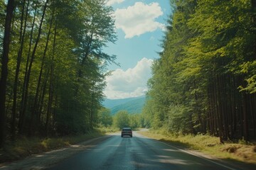A vehicle navigating through dense woodland