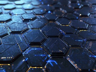 Obraz premium Futuristische digitale Textur Hexagon Metallisch Blau Hightech Design Schaltkreis Muster Technologie Hintergrund Moderne 3D Struktur Sci-Fi Optik Cyber Ästhetik Geometrisch Innovation Minimalistischer
