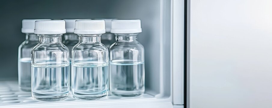 A row of clear vials filled with liquid, stored in a refrigerator, showcasing a sterile environment.