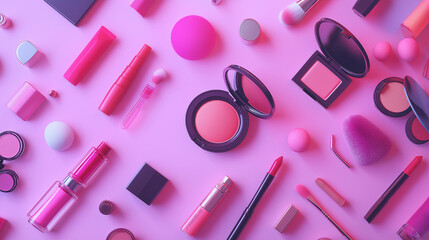 Naklejka premium knolling,A neat arrangement of beauty products, including brushes, makeup palettes, and other cosmetic tools, set against a pink background. The image highlights precision, fashion, and self-care.