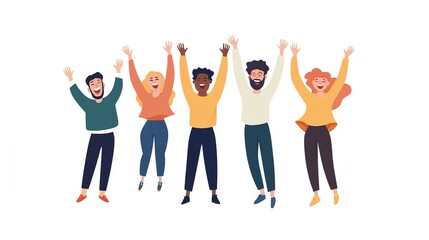Fototapeta premium Illustration of diverse group celebrating with raised hands, white isolate background.