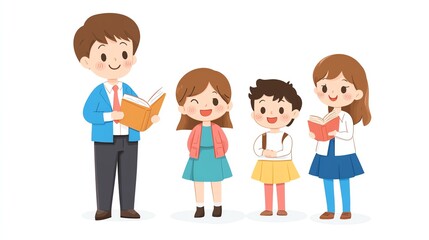 Illustration of a teacher with three students reading, white isolate background