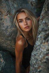 Fototapeta premium A woman sits on rocks with a calm expression