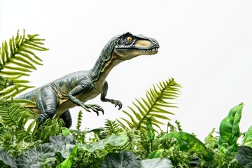 Obraz premium A toy T-Rex dinosaur sitting among some green plants, likely for display or decoration