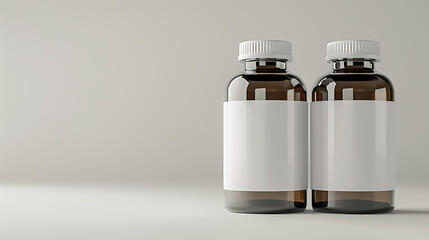 Two amber glass bottles with white labels and white caps stand on a white surface. Perfect for product mockups.