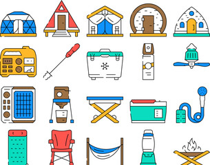 glamping tent nature luxury tipi icons set vector. forest africa, barbecue glamour, camp, campfire bubble, chair beach, vacation glamping tent nature luxury tipi color Contour Illustrations © sevector