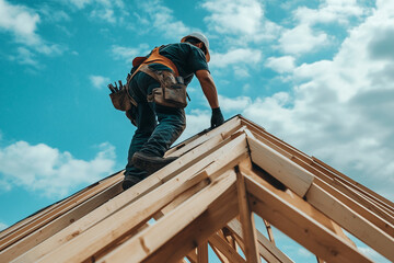 Roofer Carpenter Working on Roof Structure at Construction Site Residential Roofing Building Process