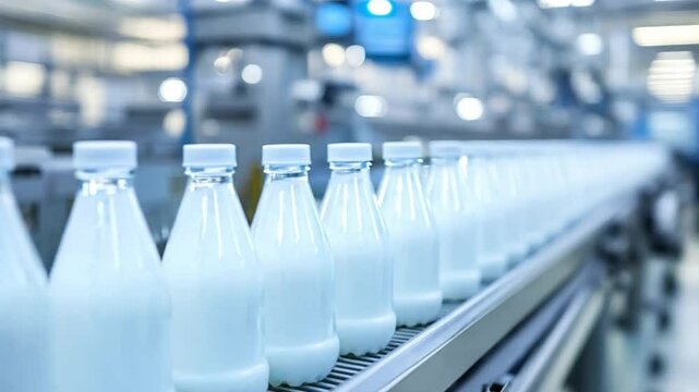 A line of milk bottles moves along a conveyor belt inside a dairy processing plant, highlighting the production process