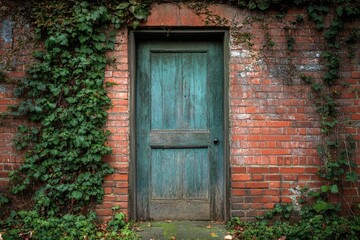 Fototapeta premium A old-fashioned green door set within a brick wall overgrown with lush vines